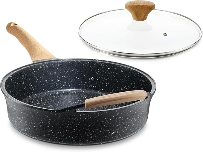 Nonstick Deep Frying Pan with Lid, 5.3 QT Swiss Granite Coating Sauté Pan, 13 Inch Healthy Non Stick Skillet Cooking Pan and Helper Handle with Silicone Cover, PFOA Free, Induction Ready.