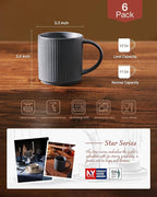 famiware Coffee Mug Set for 6, Star 12 oz Catering Mugs Cup Set with Handle for Coffee, Tea, Cocoa, Milk - Ceramic Stoneware Drinkware Set, Matte Dark Charcoal