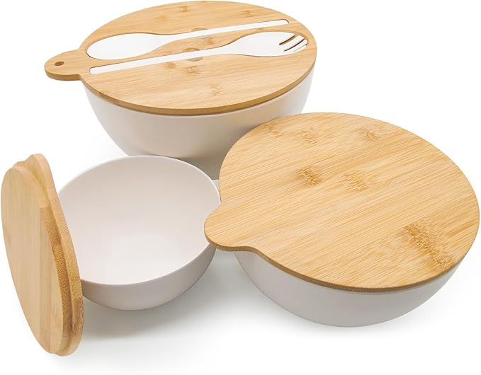 ECOWAY Salad Bowls Set of 3 with Seal Lid & Serving Utensils, Bamboo Fiber Mixing Bowls Set Large Serving Bowls & Storage Set with Bamboo Lid for Salad, Kitchen Eating, Pasta, Popcorn, Fruit, White