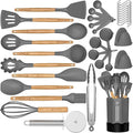 Silicone Cooking Utensil Set, 35 Pcs Kitchen Utensils by Fungun, Non-stick Heat Resistant Kitchen Gadgets Cookware with Natural Wooden Handle -(Gray)