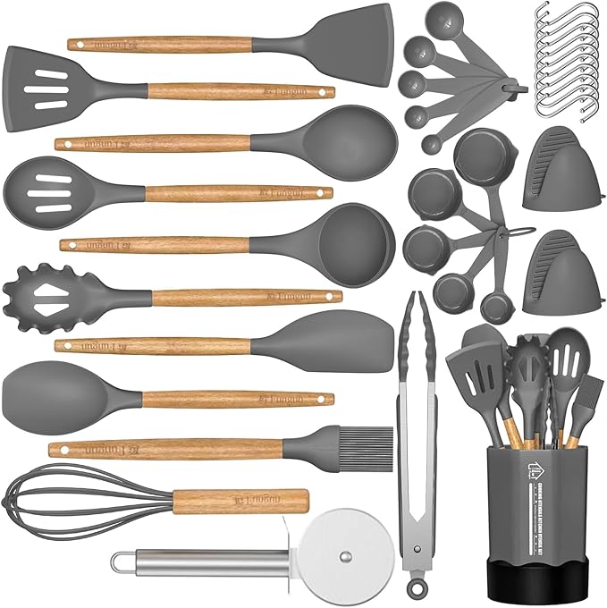 Silicone Cooking Utensil Set, 35 Pcs Kitchen Utensils by Fungun, Non-stick Heat Resistant Kitchen Gadgets Cookware with Natural Wooden Handle -(Gray)