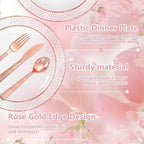 Ciaell 150PCS Rose Gold Plastic Plates – Disposable Plates with Rose Gold Plastic Silverware include 50Plates, 25Forks, 25Knives, 25Spoons, 25Cups for Wedding & Party