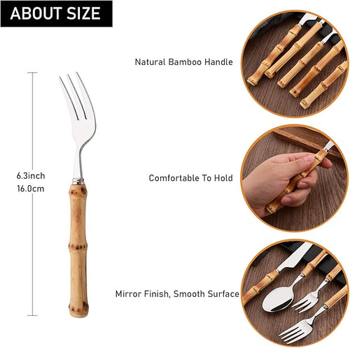 8 PCS Small Fork, 6.3 Inches Stainless Steel Dessert Forks with Bamboo Handle, Kitchen Flatware Cutlery Set, Use for Tasting Cakes Fruits and Appetizer, Mirror Polished