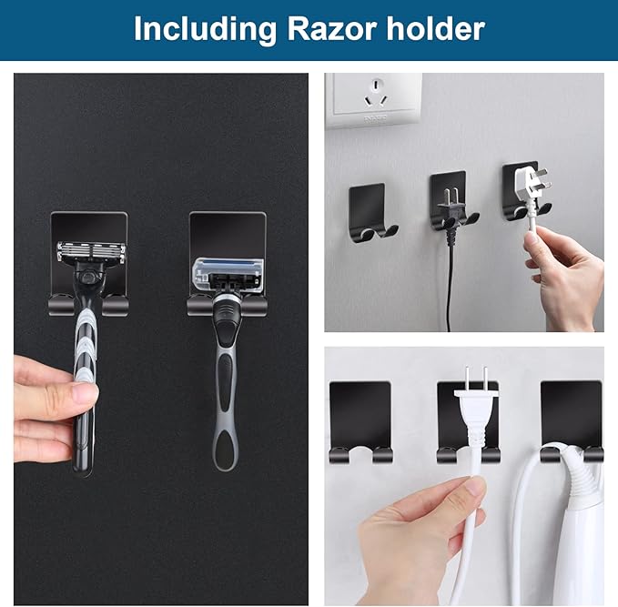 Diesisa Razor Holder 304 Stainless Steel for Shower + Adhesive Sticky Heavy Duty Waterproof Wall Hooks, Premium for Hanging Towels, Coat, hat (6+6 Pack) - Black