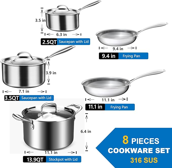 Stainless Steel Cookware Set, 5-ply cookware，8-Piece Pots and Pans Set, 316L Professional Grade, Oven and Broiler Safe to 650°F, Dishwasher Safe, Durable, Induction Compatible, Silver