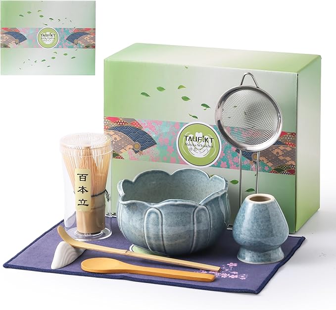 Matcha Whisk Set, Ceramic Matcha Set 8 Pcs, Matcha Kit Set Includes Matcha Bowl, Matcha Whisk and Holder, Bamboo Scoop and Rest, Sifter and Tea Towel, Ideal Gift for Family/Friend (Blue)
