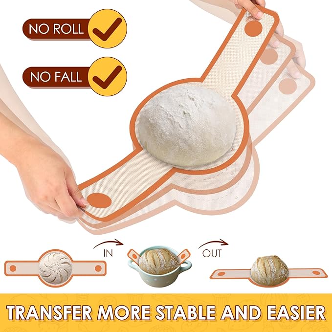 HOTEC Silicone Bread Sling for Dutch Oven - 2 Pack Non-Stick Baking Mat with Long Handle Easy to Transfer Sourdough Bread, Reusable Heat Resistant to 500°F/260°C Dutch Oven Liners Baking Supplies