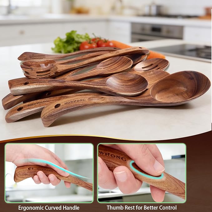 Wooden Cooking Utensils Set, Acacia Wood Wooden Spoons for Cooking with Thumb Rest, Ergonomic Curved Handle, Smooth Finish, Nonstick Safe, Gift Ready