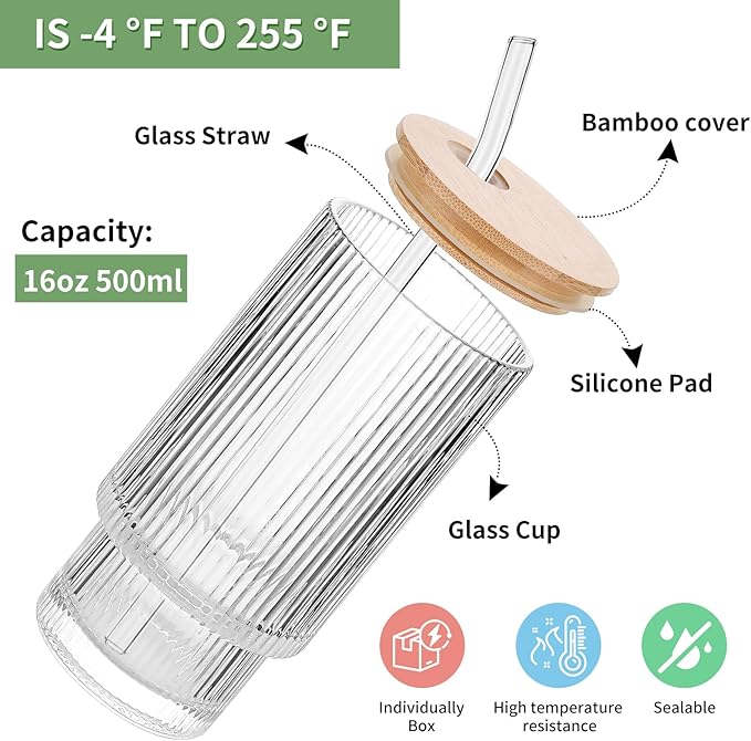2 Pack Glass Cups with Lids and Straws, 16oz Ribbed Drinking Glasses Tumblers Durable Drinkware Water Glasses Cup Ideal Gift for Home, Kitchen, Office