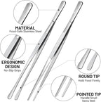 HOTEC Kitchen Tweezers Tongs Stainless Steel Professional Chef Tweezers, Set of 2-12inch Extra-Long Food Tongs for Cooking,Grill and Baking