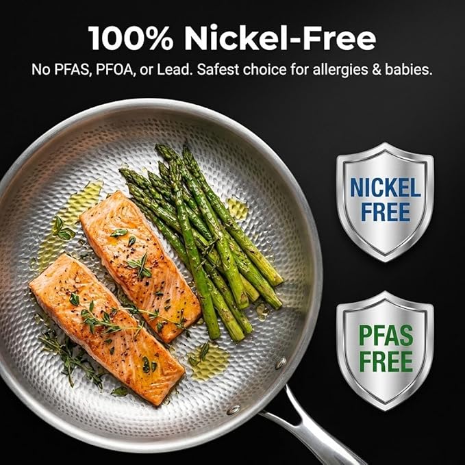 Titanium Frying Pan with Lid, 12" Uncoated Hammered Skillet for Cooking, PFAS/PFOA/PTFE Free Nonstick Cookware, Scratch Resistant, for Induction & Gas, Oven, Dishwasher Safe, Fine