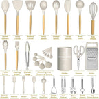 Thickened Silicone Cooking Utensils Set- Umite Chef Khaki Kitchen Utensils Set, 34PCS Heat Resistant Kitchen Gadgets Tools Set with Grater, BPA-Free Kitchen Spatula Set for Nonstick Cookware