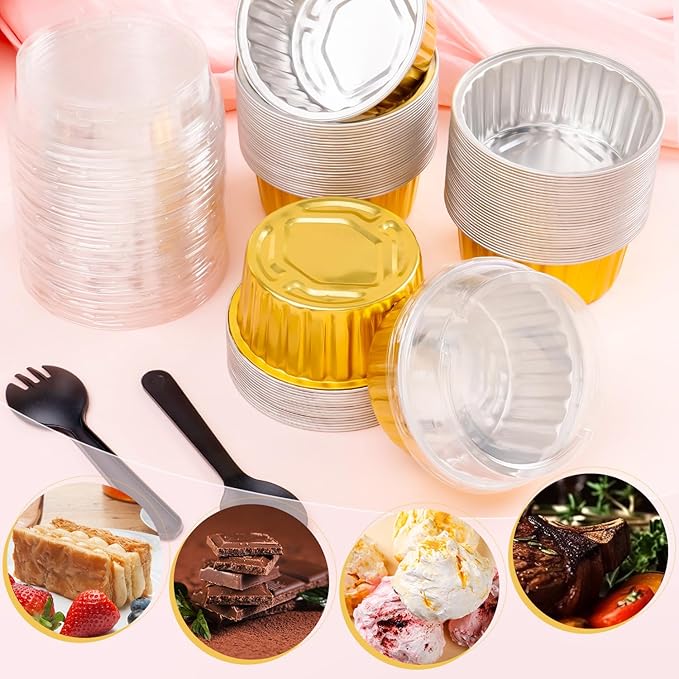60Pcs Mini Loaf Pans with Lids and Spoons, Aluminum Foil Baking Pans, Round Mini Cake Pan, Brownie Baking Cups for Picnics Party (Gold)