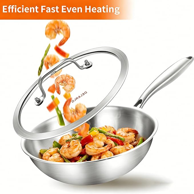 DELARLO Whole Body Tri-Ply Stainless Steel Wok 9.45 inch, Deep Kitchen Stir-Fry Pan, Small Wok Pan with Lids, Induction Mini wok, Suitable for All Stove, Up to 650℉, Detachable Handle