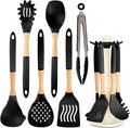 Kitchen Utensils Set - 7 PCS Non-Stick Silicone Cooking Utensils Set Spatula Set with Holder, Wooden Handle Spoon,Tongs,Whisk Kitchen Gadgets Tools Set for Nonstick Cookware (Black-7Max)