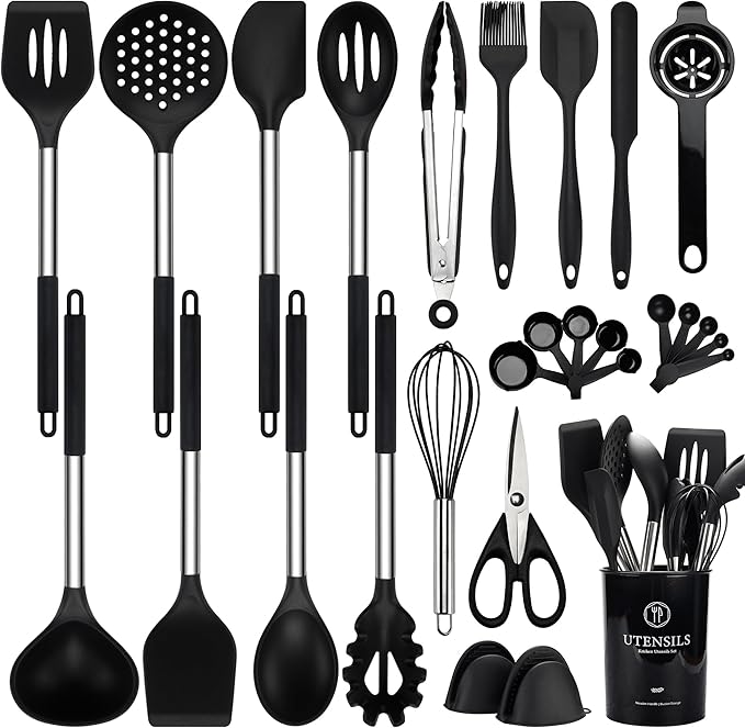Silicone Cooking Utensils Set, 28 Pcs Kitchen Utensils Set 446°F Heat Resistant Spatula Set, Food Grade Silicone and Stainless Steel Handle Kitchen Gadgets for Nonstick Cookware BPA Free