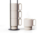 Stackable Coffee Mug Set with Black Stand - 4x8oz Ceramic Mugs with Unique Sprinkled Optics - Powder Coated Metal Rack - Dishwasher-Safe - Microwave & Oven - Scandinavian Minimal Design