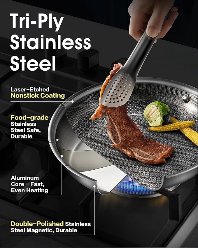 Nonstick Frying Pans with Lid,10-Inch Non Stick Skillet with Honeycomb Surface,Dishwasher-Friendly,Oven-Safe,Induction Compatible,PFAS-Free,Non-Toxic,Compatible with All Cooktops.