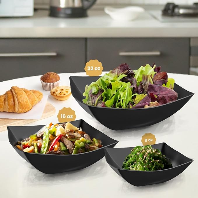 R-kay 6 Pack Black Square Plastic Serving Bowls - Black Plastic bowls 16 Oz - Disposable Serving Bowls - Premium Bowls Disposable Heavy Duty For Weddings Catering And Birthday parties