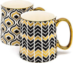 KooK Gold Coffee Mugs, Coffee Mug Set, Tea Cups with Handles, Porcelain, Geometric Design, 14.8 oz, Black and Gold, Set of 2