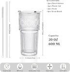 INSETLAN 20oz Ribbed & Floral Glass Tumblers with Lids and Glass Straws, Set of 2 – Iced Coffee Cups, Reusable Drinking Glasses for Water, Smoothies, Tea, and Juice – Perfect for Travel & Daily Use