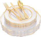 YOUBET 125PCS Gold Plastic Plates - Clear Gold Disposable Plates - 25 Guests Baroque Plastic Dinnerware Includes 25Dinner Plates, 25Dessert Plate, 75Silverware for Party & Wedding
