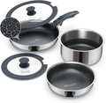 6-Piece Hybrid Stainless Steel Pots and Pans Set Non Stick, Tri-Ply Stainless Steel Cookware Set with Lids and Detachable Handle, PFOA Free Kitchen Skillet for All Cooktops, Dishwasher Safe
