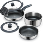6-Piece Hybrid Stainless Steel Pots and Pans Set Non Stick, Tri-Ply Stainless Steel Cookware Set with Lids and Detachable Handle, PFOA Free Kitchen Skillet for All Cooktops, Dishwasher Safe