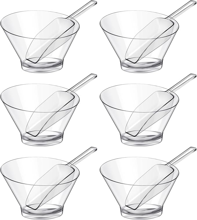 Sawysine 12 Pcs Plastic Clear Serving Bowls with Kitchen Plastic Scoops Salad Serving Bowls Popcorn Scoops Angled Candy Container for Salad Cooking Parties, 210 ml