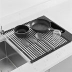 Roll Up Dish Drying Rack Over Sink, 17.5" x 15.2" Foldable SUS304 Stainless Steel Kitchen Dish Drainer, Heat-Resistant Multipurpose Rolling Sink Rack Organizer,Black