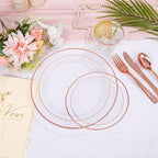 bUCLA 300PCS Rose Gold Plastic Dinnerware - Clear Dinnerware Set Disposable Include 50 Dinner Plates,50 Dessert Plates,50 Knives,50 Forks,50 Spoons,50 Cups for Party, Wedding & Mother's Day