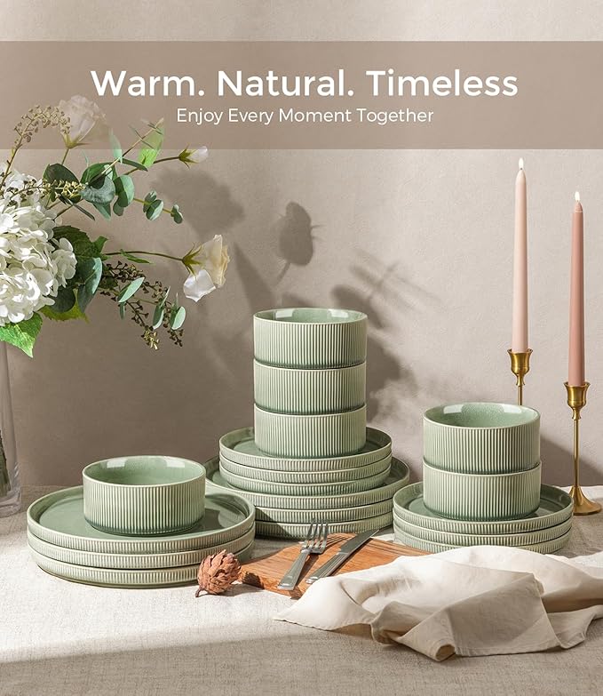 GBHOME 24-Piece Stoneware Dinnerware Set for 8 – Ribbed Ceramic Plates and Bowls, Scratch-Resistant, Microwave & Dishwasher Safe, Reactive Glaze, Light Green