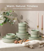 GBHOME 12-Piece Stoneware Dinnerware Set for 4 – Ribbed Ceramic Plates and Bowls, Scratch-Resistant, Microwave & Dishwasher Safe, Reactive Glaze, Light Green