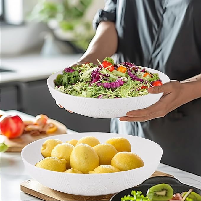 Wrova Salad Bowls 10inch Serving Bowls 65oz Large Salad Bowls Wheat Straw Bowls Set of 2 Wide and Shallow Plastic Salad Bowl for Kitchen Microwave & Dishwasher Safe.White