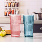 4PCS Colored Ribbed Glass Cups with Lids and Straws, 20oz Vintage Drinking Glasses, Aesthetic Iced Coffee Cups, Glass Tumbler for Boba, Beer, Tea, Cocktails, Ribbed Glassware Set,Colored