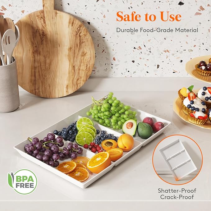 Lifewit Serving Tray Divided for Party Supplies, 12 PCS 15" x 10" Plastic Platters for Serving Food, White Reusable Tray for Veggie, Snack, Fruit, Cookies, Desserts in Kitchen/Pantry