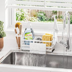 Sponge Holder for Kitchen Sink – Rustproof Stainless Steel with Detachable Drainboard, Brush Rack & Towel Bar | Compact, Non-Slip Design for Countertop Bathroom