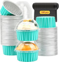 Cupcake Pans With Dome Lids 100 Pack,LNYZQUS 5oz Mini Aluminum Baking Cups Muffin Tin,Disposable Ramekins Cake Containers Holders -Cyan Blue (Round125)
