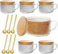 6 PACK Vintage Glass Coffee Mugs 14oz Clear Embossed Tea Cup Set with Bamboo Lids and Gold Spoons,Yogurt Bowl,kitchen gifts for women