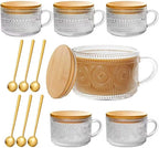 6 PACK Vintage Glass Coffee Mugs 14oz Clear Embossed Tea Cup Set with Bamboo Lids and Gold Spoons,Yogurt Bowl,kitchen gifts for women