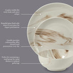 Gibson Home Cloudlight 12 Piece Plates and Bowls Dishes Brown and White - Decorated Porcelain Ceramic Dinnerware Set - Service for 4