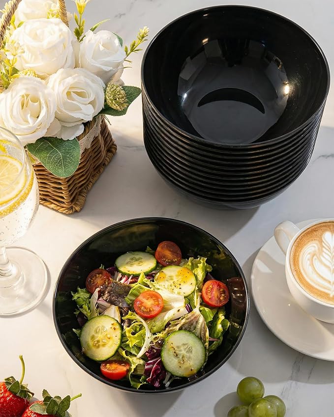 bUCLA 50 Pack Black Plastic Serving Bowls - 24oz Black Disposable Bowls for Dessert, Soup, Cereal, Salad & Fruit - Ideal for Wedding & Party