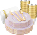 NOCCUR 175PCS Purple Plastic Plates with Gold Disposable Silverware - Include 50 Lavender and Gold Plastic Plates,25 Knives,25 Forks,25 Spoons,25 Cups and 25 Napkins - Mother's Day/Spring Party