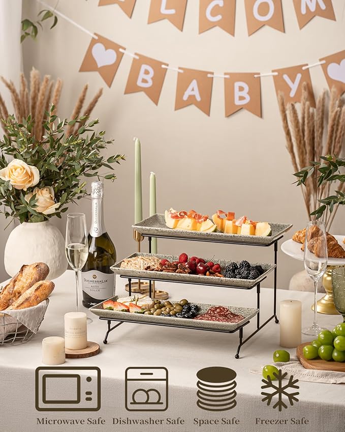 LAUCHUH 3 Tier Serving Trays for Party, 14 inch Dessert Party Display Stand Serving Platters and Trays with Collapsible Sturdier Rack for Mother's Day Serving Food, Speckled Gray