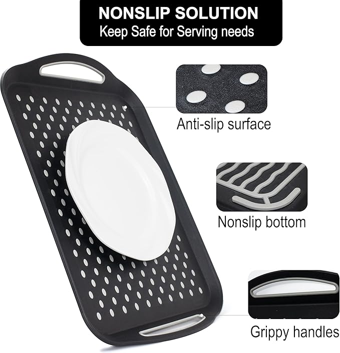 Large Anti-Slip Serving Tray with Handles, Dual Rubber Grippy Lap Food Trays for Eating, Dinning, Breakfast, on Couch/TV, Black - Set of 2