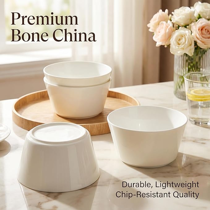 Bone China Soup Bowls Set of 4, 29oz Lightweight Cereal Bowls, 6 inch White Modern Conical Shape for Salad Oatmeal Pho Ramen Pasta, Stackable Deep Design, Microwave Dishwasher Safe