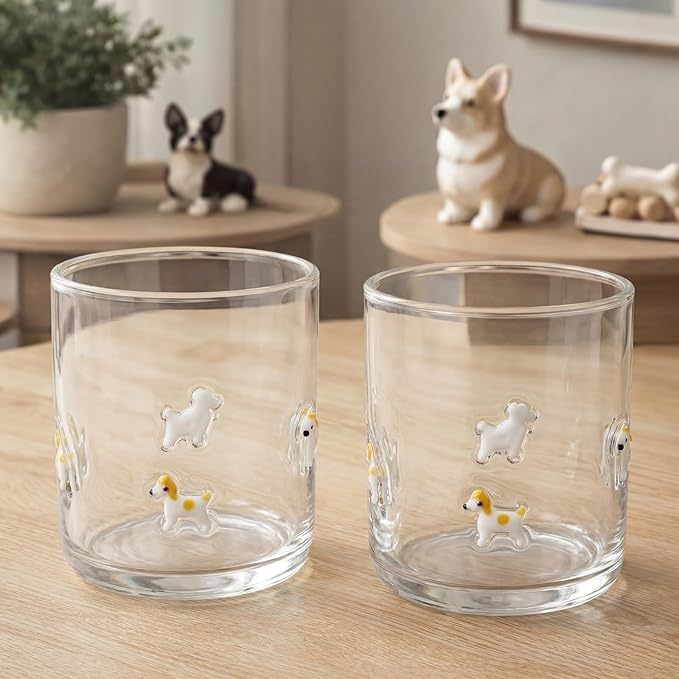 Skylety 2 Pack Icon Juice Glasses, 14 oz Stemless Glass Cups, Puppy Juice Cocktail Wine Coffee Drinking Cups for Engagement Wedding Anniversary Valentines Party Supplies