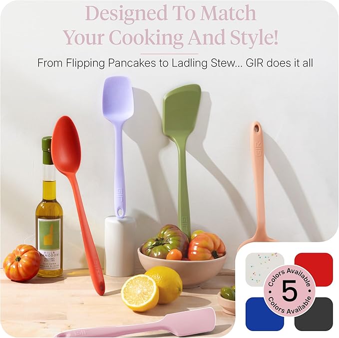 GIR 5-Piece Silicone Kitchen Utensils Set, Non-Toxic Cooking Utensils for Cooking and Baking, Heat Resistant, Food Grade, Dishwasher Safe Rubber Spatula, Ladle, Spoon - Rose
