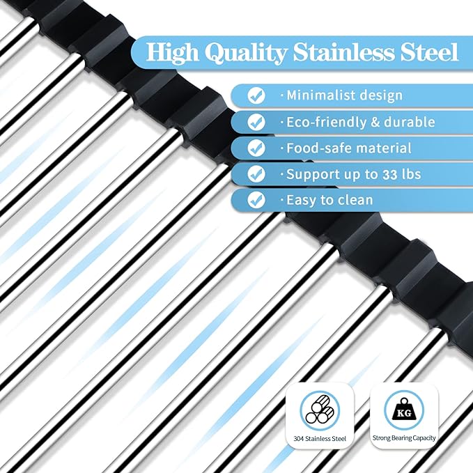 Seropy Roll Up Dish Drying Rack Over The Sink for Kitchen Sink Drying Rack Folding Dish Drainer Mat Rolling Dish Rack Sink Rack Stainless Steel Kitchen Dry Rack Black 17.5x15.7 Inch