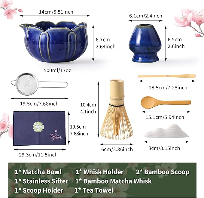 Matcha Whisk Set, Ceramic Matcha Set 8 Pcs, Matcha Kit Set Includes Matcha Bowl, Matcha Whisk and Holder, Bamboo Scoop and Rest, Sifter and Tea Towel, Ideal Gift for Family/Friend (Navy Blue)